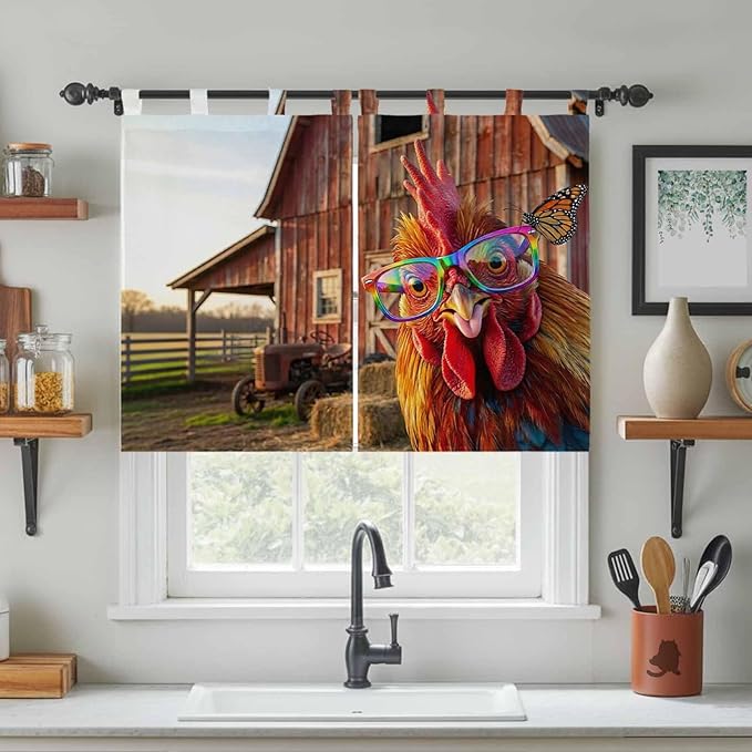 Farm Rooster Bedroom Curtains 63 Inch Length, Window Curtains Tab Top, Farmhouse Barn Funny Animals Butterfly Light Filtering Window Treatments Drapes 42"x63" 2 Panel