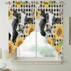 Retro Sunflowers Swag Valances for Windows, Farmhouse Floral Cow Butterfly Black Plaid Rod Pocket Kitchen Curtains Valance, Small Window Curtains Swag for Cafe Living Room, 2 Panels, 28x36 inch