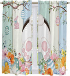 Easter Window Curtains 63 Inch Long 2 Panel Set, Rod Pocket Bedroom Curtains & Drapes, Spring Watercolor Bunny Eggs Wood Grain Teal Blue Light Filtering Window Treatment for Living Room 42"W x 63"L