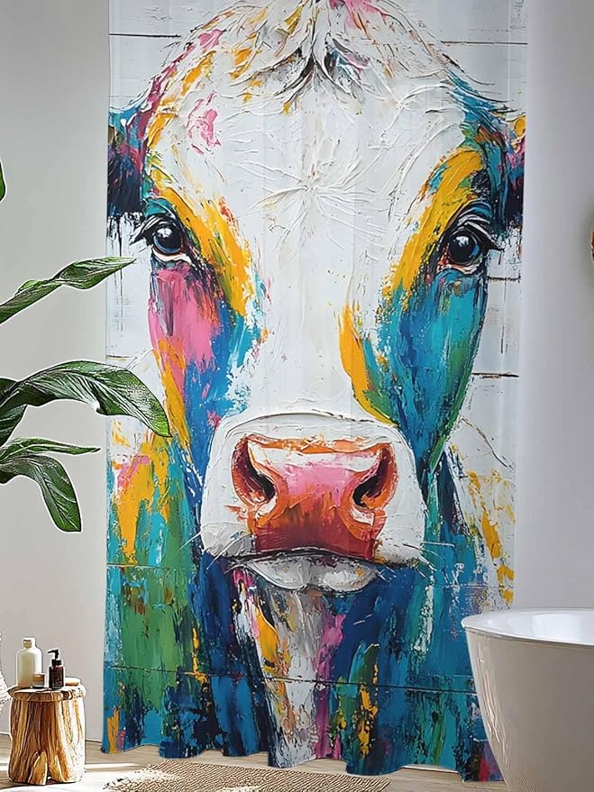 Sheer Curtains 84 Inches Long, Farmhouse Oil Painting Semi Sheer Curtains Light Filtering Window Treatment, Colorful Cow Animal Wooden Grain Privacy Voile Drapes for Living Room Bedroom 52x84 Inch
