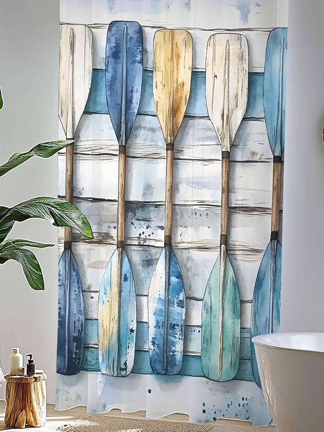 Sheer Curtains 96 Inches Long, Lake Paddle Striped Semi Sheer Curtains Light Filtering Window Treatment, Watercolor Vintage Wood Grain Privacy Voile Drapes for Living Room Bedroom 52x96 Inch