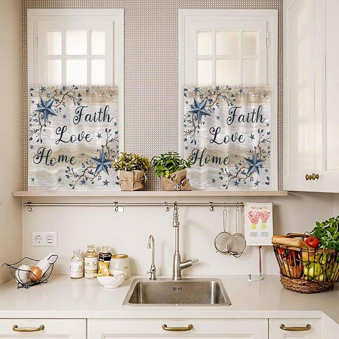 Vintage Country Kitchen Curtains Set 3 Piece for Windows,Rod Pocket Valance and Tier Set 24 Inch Length,Blue Rustic Texas Star Vines Wooden Grain Light Filtering Cafe Curtains for Living Room