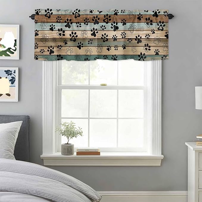 Dog Paws Valances for Windows, Teal Brown Wood Grain Kitchen Valance Light Filtering Rod Pocket Short Curtains for Kitchen Bathroom, 1 Panel, 56"x16"
