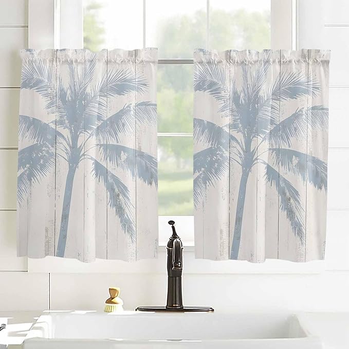 Summer Coconut Tree on Vintage Wood Grain Window Valance Curtains, Seaside Plants Light Filtering Kitchen Valance with 3-inch Rod Pocket for Living Room Bathroom Bedroom,2 Panel,42x54In