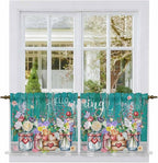 Spring Flowers Tier Curtains, Farmhouse Watercolor Teal Wood Grain Light Filtering Kitchen Curtains, 2Pcs Rod Pocket Half Window Treatments Panels for Sink Cafe Cabinet Camper 27.5x24 Inches