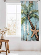 Sheer Curtains 63 Inch Length, Coastal Blue Green Tree Semi Sheer Curtains Light Filtering Window Treatment, Beach Tropical Vintage Wood Grain Privacy Voile Drapes for Living Room Bedroom 52x63 Inch