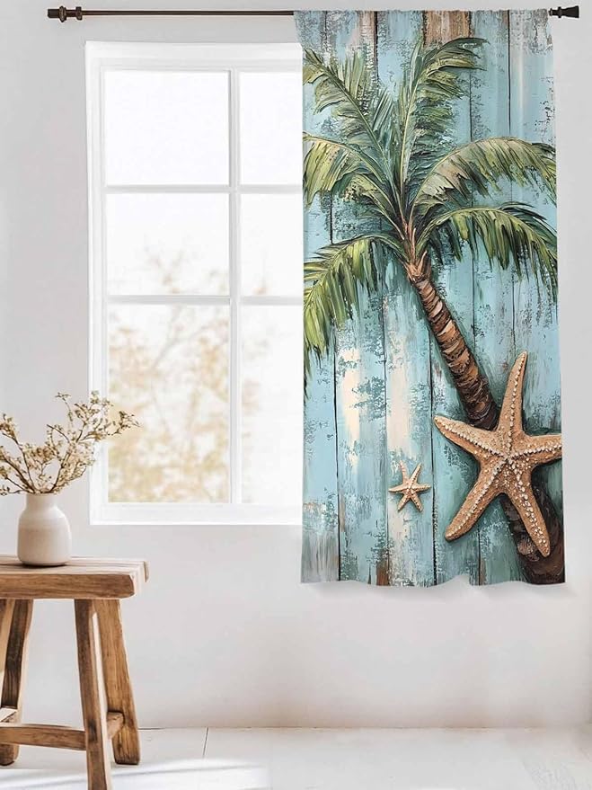 Sheer Curtains 63 Inch Length, Coastal Blue Green Tree Semi Sheer Curtains Light Filtering Window Treatment, Beach Tropical Vintage Wood Grain Privacy Voile Drapes for Living Room Bedroom 52x63 Inch