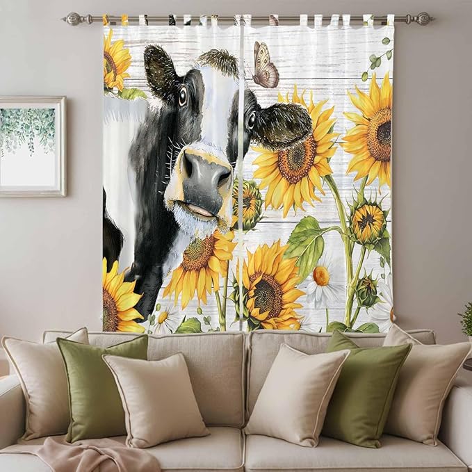Retro Farmhouse Floral Living Room Curtains 84 Inch Length, Window Curtains Tab Top, Yellow Sunflowers Cows Butterfly Wood Light Filtering Window Treatments Drapes 52"x84" 2 Panel