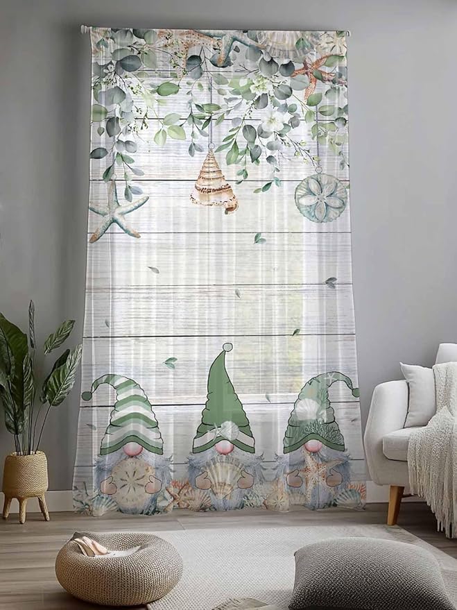 Sheer Curtains 96 Inches Long, Coastal Eucalyptus Leaf Semi Sheer Curtains Light Filtering Window Treatment, Sage Green Gnomes Starfish Privacy Voile Drapes for Living Room Bedroom 52x96 Inch