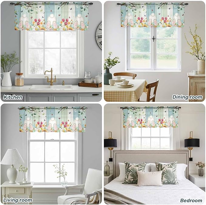 Easter Sheer Valances for Windows 42"x12", Light Filtering Kitchen Curtains Valance, Spring Watercolor Eggs Country Tulip Wooden Grain Rod Pocket Chiffon Curtains for Living Room Bedroom Cafe