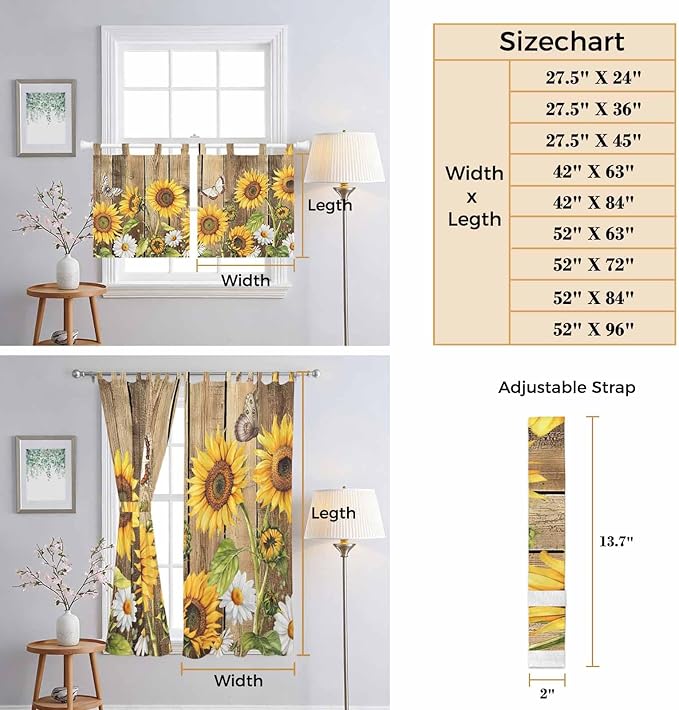Farmhouse Sunflowers Kitchen Curtains 36 Inch Length, Small Window Curtains Tab Top, Rustic Floral Buttterfly Wood Board Brown Light Filtering Short Window Treatments Tier Drapes 27.5"x36" 2 Panel