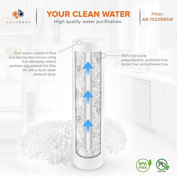 Aquaboon 5 Micron 20 x 4.5 Sediment, Anti-Scale, Carbon Water Filters Cartridges for 3-Stage Whole House Water Filtration System Replacement Set 2 Pack