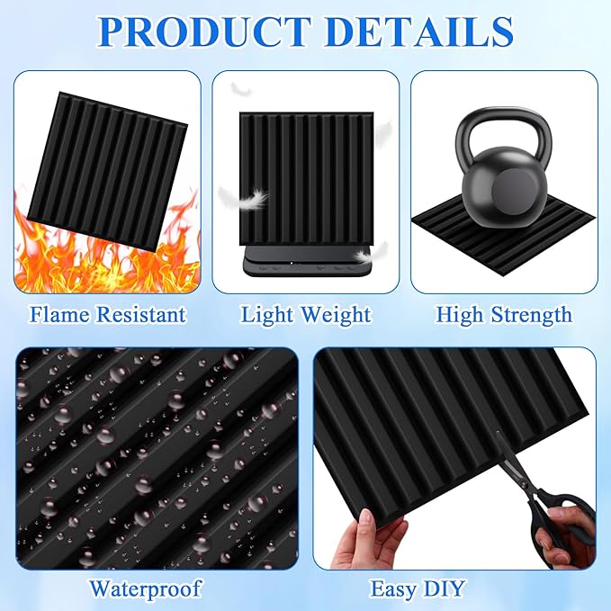 Nuanchu 32 Pcs 3D Slat Wall Panels, 12"x12" PVC Fluted Wall Paneling for Interior Decor, Paintable Waterproof Textured Tiles for Living Room TV Background Gaming Room, 32 Sq. ft Coverage (Black)