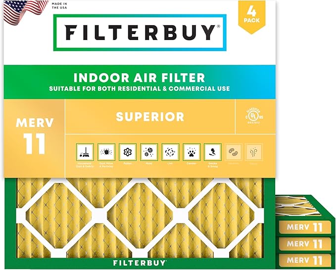 Filterbuy 25x25x1 Air Filter MERV 11 Superior Pet & Allergy Defense (4-Pack), Electrostatic Pleated HVAC AC Furnace Filters Replacement, Made in USA (Actual Size: 24.50 x 24.50 x 0.75)