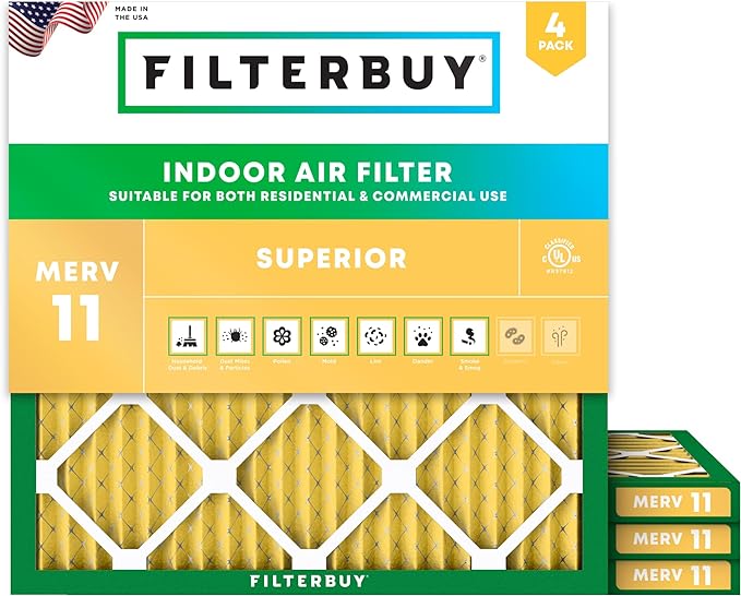 Filterbuy 23.5x23.5x1 Air Filter MERV 11 Superior Pet & Allergy Defense (4-Pack), Electrostatic Pleated HVAC AC Furnace Filters Replacement, Made in USA (Actual Size: 23.38 x 23.38 x 0.75)