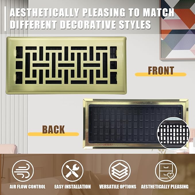 Floor Register Heavy Duty Walkable Steel Vent Register Brushed Gold Color 4X10 Inch Air Vent for Home Easy Adjust Air Supply Lever Floor Vent