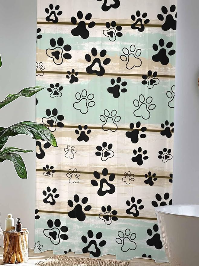 Sheer Curtains 84 Inches Long, Sage Green Beige Farmhouse Semi Sheer Curtains Light Filtering Window Treatment, Black Dog Paw Vintage Wooden Privacy Voile Drapes for Living Room Bedroom 52x84 Inch