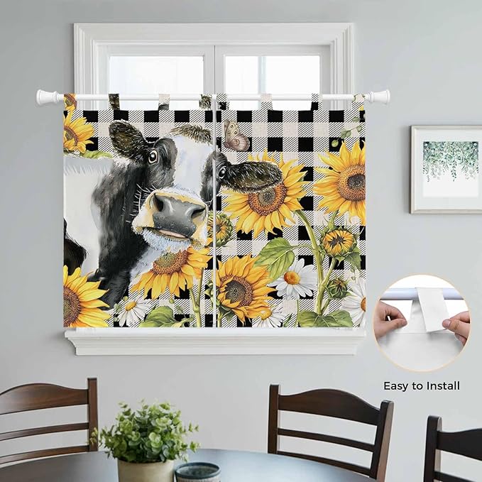 Retro Sunflowers Kitchen Curtains 45 Inch Length, Short Cafe Window Curtains Tab Top, Farmhouse Floral Cow Butterfly Black Plaid Light Filtering Window Treatments Tier Drapes 27.5"x45" 2 Panel