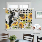 Retro Sunflowers Kitchen Curtains 45 Inch Length, Short Cafe Window Curtains Tab Top, Farmhouse Floral Cow Butterfly Black Plaid Light Filtering Window Treatments Tier Drapes 27.5"x45" 2 Panel