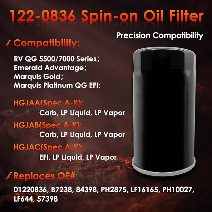 122-0836 Oil Filter │Replacement For RV QG 5500/7000 Series HGJAA HGJAB HGJAC Spin-on │Replaces# 01220836, B7238, PH2875, PH10027 (Set of 2)