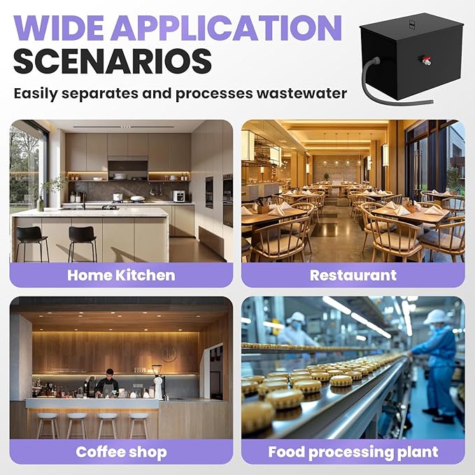 Commercial Grease Trap 40 LBS Carbon Steel Grease Interceptor, 15 GPM Flow Rate Under Sink Design, Dual Filter Tube for Restaurant Home Kitchen Food Processing Plant Wastewater Separation