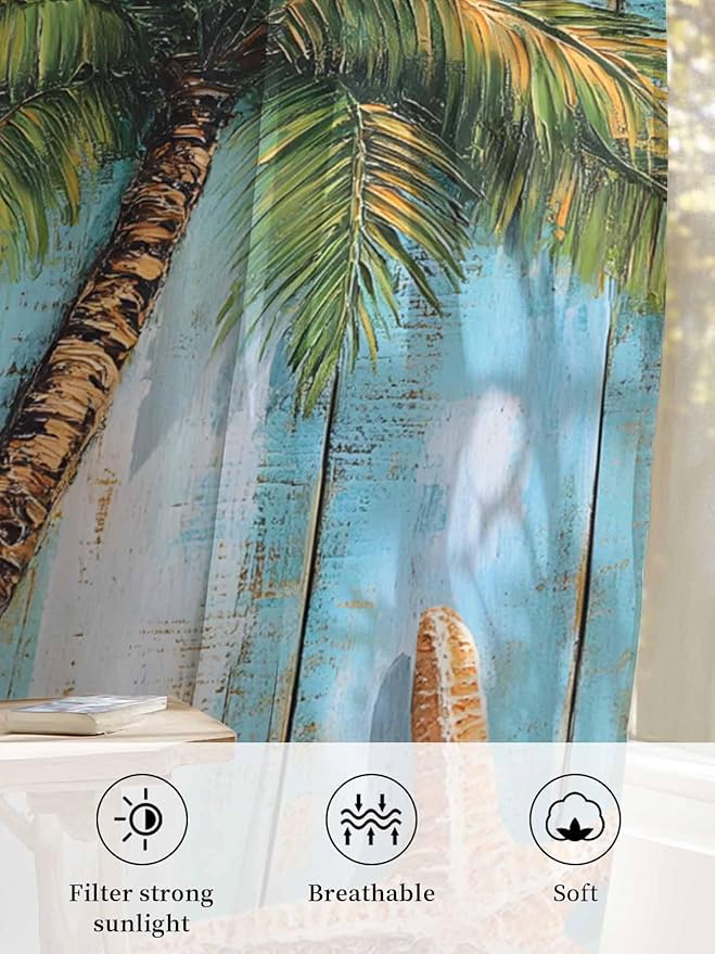 Sheer Curtains 96 Inches Long, Coastal Beach Tree Semi Sheer Curtains Light Filtering Window Treatment, Summer Tropical Starfish Wood Grain Privacy Voile Drapes for Living Room Bedroom 52x96 Inch