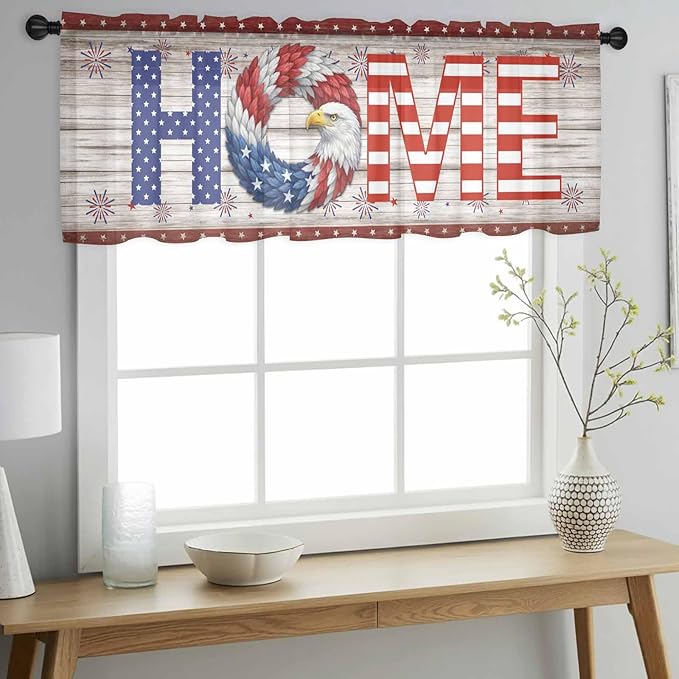 4th of July Sheer Valances for Windows 42"x12", Light Filtering Kitchen Curtains Valance, Stars Striped Farmhouse American Flag Wood Grain Rod Pocket Chiffon Curtains for Living Room Bedroom Cafe