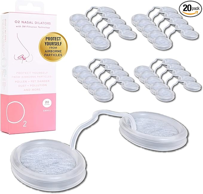 O2 Nose Filters with 3M Filtration - Nasal Screens for Allergies, Dust & Smoke - Drug-Free & Latex-Free Nose Filters - Invisible Allergy Protection (Small x 20)