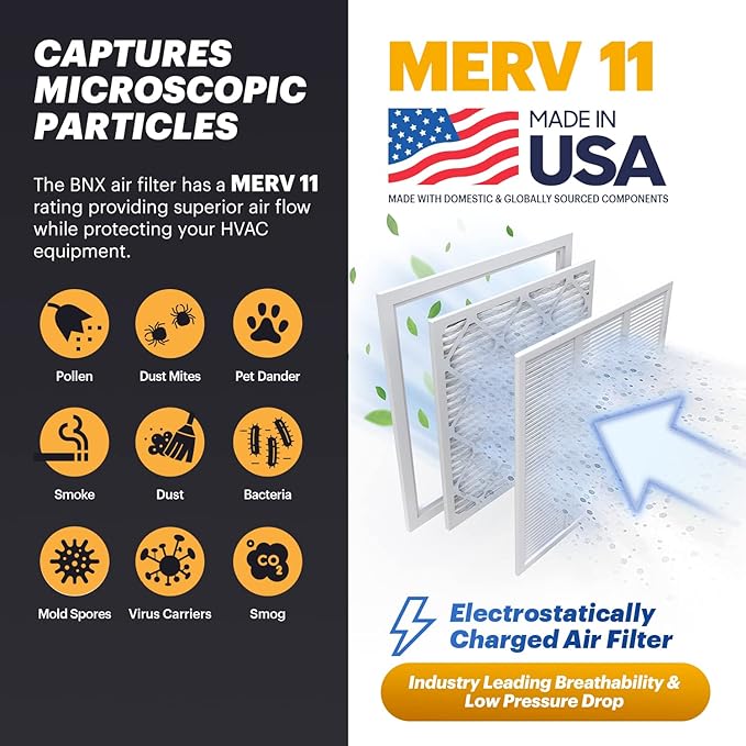 BNX 20x20x1 MERV 11 Air Filter 2 Pack - MADE IN USA - Electrostatic Pleated Air Conditioner HVAC AC Furnace Filters - Removes Dust, Mold, Pollen, Lint, Pet Dander, Smoke, Smog