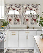 Village Stars Swag Kitchen Curtains Valance and Tier Set, Vintage Dark Red Star Berry Beige Barn Doors Light-Filtering Swag Valance 36 Inch Length, Rod Pocket Short Curtain for Bedroom Cafe