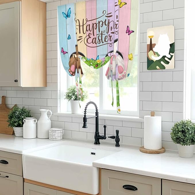 Tie Up Curtains,Happy Easter Rabbit Butt Egg on Daisy Leaf Adjustable Rod Pocket Window Shade Curtain Drape Bufferfly on Wood Barn Tie-Up Valance for Kitchen Bedroom Living Room Windows,42"x63"