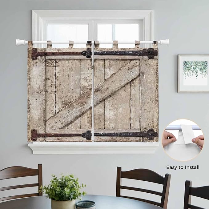 Farmhouse Wood Grain Bedroom Curtains 63 Inch Length, Window Curtains Tab Top, Vintage Country Barn Gate Brown Light Filtering Window Treatments Drapes 42"x63" 2 Panel