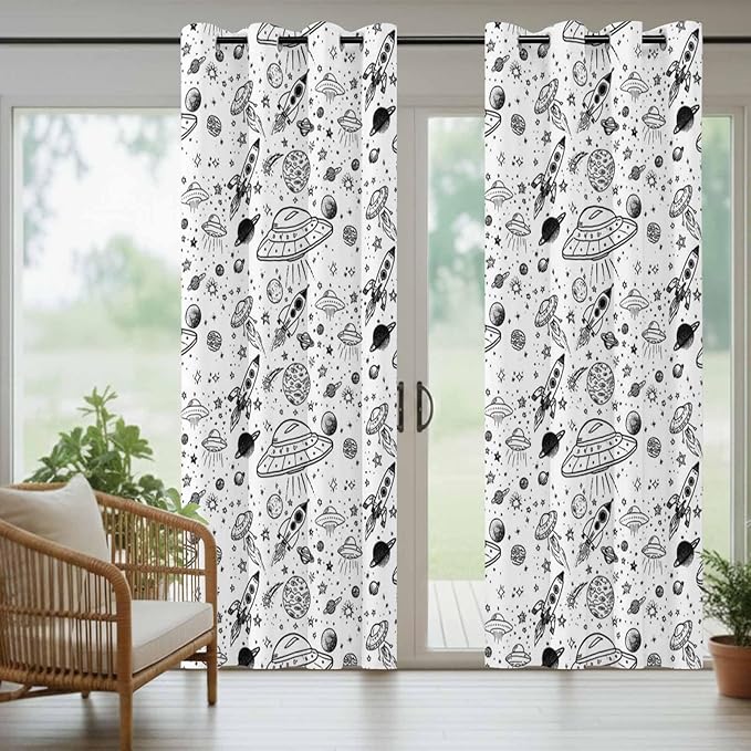 Cartoon Space Outdoor Curtains for Patio Rockets Astronauts Planets Black Waterproof Outside Curtains with Grommet Top Weatherproof Curtain for Cabana Pergola Gazebo, 2 Pack, 54" W x 95" L