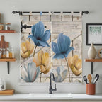 Blue Yellow Tulips Bathroom Curtains 63 Inch Length, Window Curtains Tab Top, Retro Farmhouse Flower Barn Doors Wooden Light Filtering Window Treatments Drapes 52"x63" 2 Panel