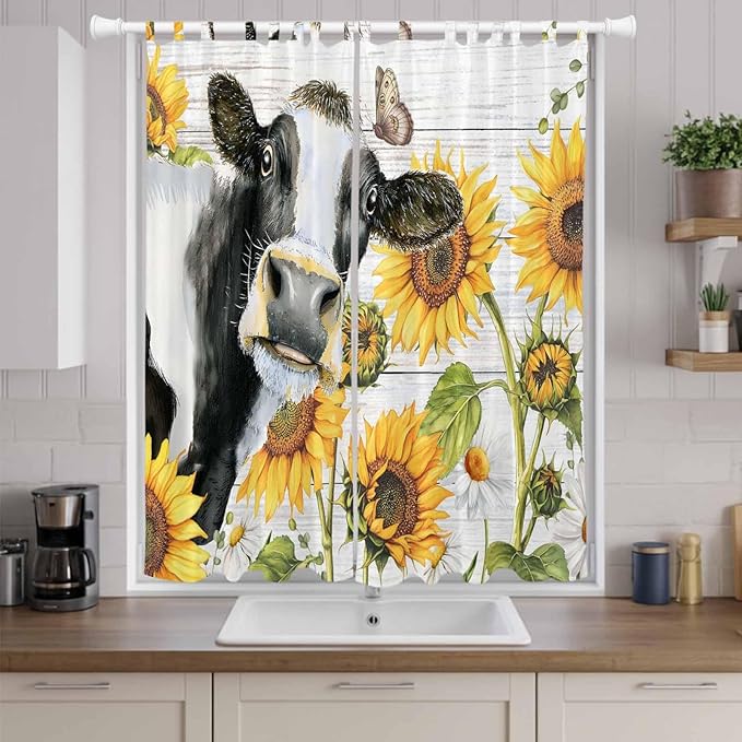 Retro Farmhouse Floral Living Room Curtains 96 Inch Length, Window Curtains Tab Top, Yellow Sunflowers Cows Butterfly Wood Light Filtering Window Treatments Drapes 52"x96" 2 Panel