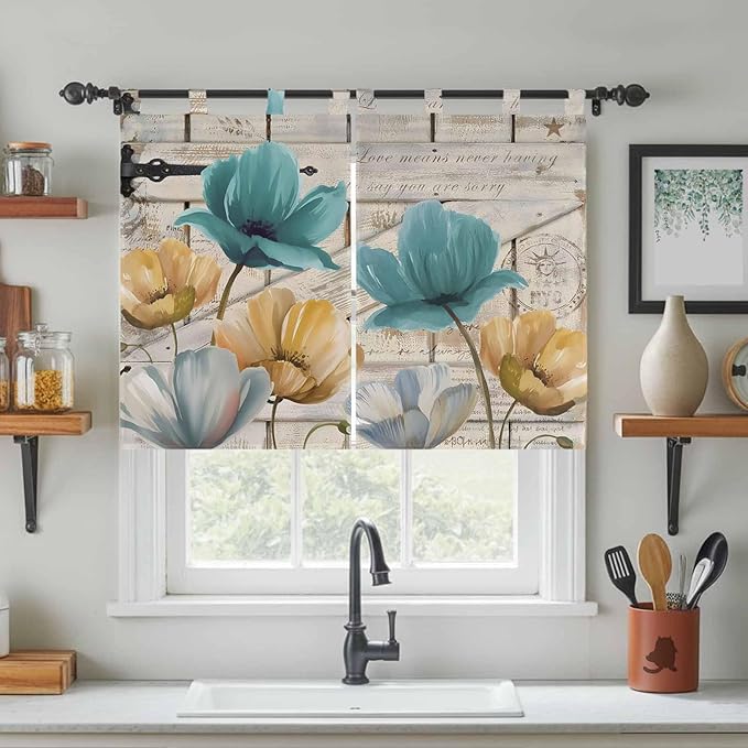 Watercolor Flowers Kitchen Curtains 45 Inch Length, Short Cafe Window Curtains Tab Top, Vintage Tulips Floral Barn Doors Wood Grain Light Filtering Window Treatments Tier Drapes 27.5"x45" 2 Panel