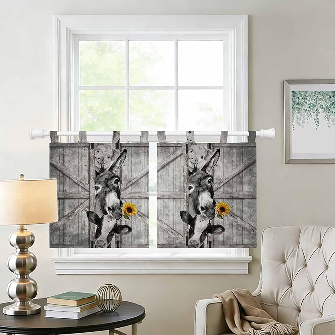 Funny Farm Animals Kitchen Curtains 24 Inch Length, Small Window Curtains Tab Top, Vintage Barn Grey Sunflowers Light Filtering Short Window Treatments Tier Drapes 27.5"x24" 2 Panel