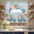 Swag Valance Curtains, Easter Truck with Rabbit Eggs Carrot Rod Pocket Valances Swag Topper for Kitchen Windows, Wood Barn and Blue Checker Light Filtering Short Curtain for Bedroom Bathroom 56x36In