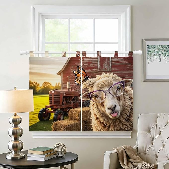 Farm Sheep Bedroom Curtains 63 Inch Length, Window Curtains Tab Top, Farmhouse Barn Funny Animals Butterfly Light Filtering Window Treatments Drapes 42"x63" 2 Panel