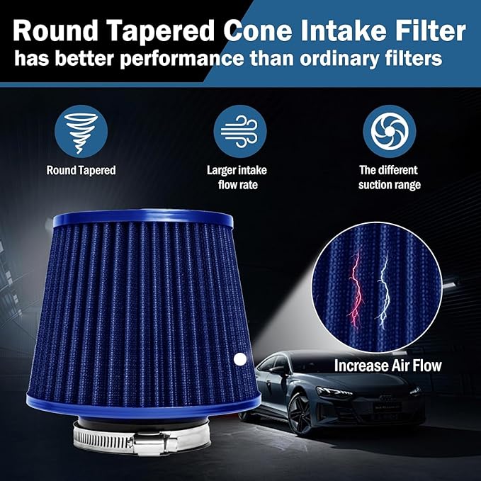 Universal Clamp-On Air Intake Filter, High Performance, Washable Filter, Replacement Air Filter, Flange Diameter 2.5inch/64mm (Blue)