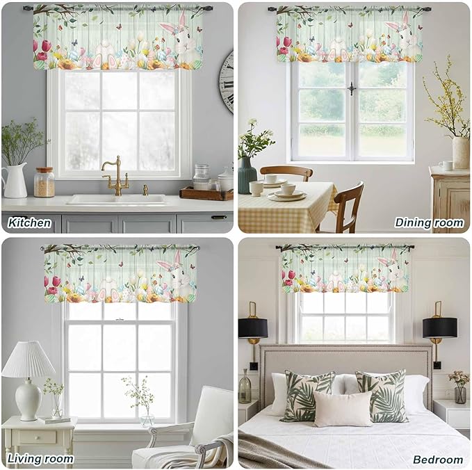 Easter Sheer Valances for Windows 42"x12", Light Filtering Kitchen Curtains Valance, Spring Watercolor Bunny Eggs Tulip Wooden Grain Teal Rod Pocket Chiffon Curtains for Living Room Bedroom Cafe