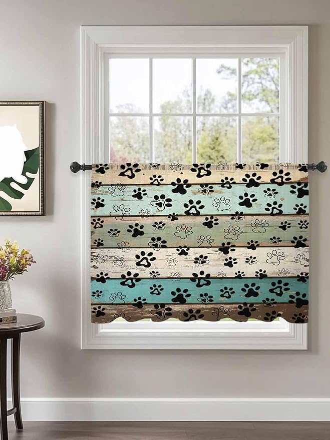 Sheer Curtains 54 Inch Length, Sage Green Brown Paw Prints Semi Sheer Curtains Light Filtering Window Treatment, Vintage Farmhouse Wooden Grain Privacy Voile Drapes for Living Room Bedroom 52x54 Inch