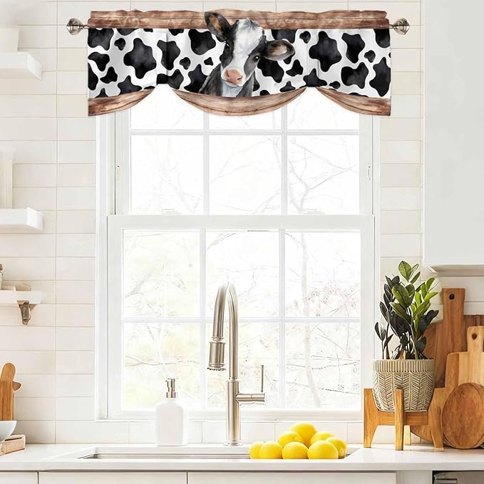 Cow Printed Tie Up Valance Curtains for Windows, Kitchen Curtains Window Shades, Farmhouse Watercolor Country Wooden Grain Light Filtering Roman Curtain Valances for Bedroom/Bathroom/Cafe 60"x18"