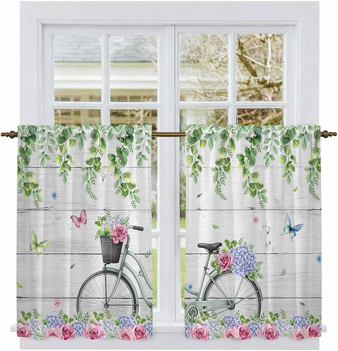 Spring Kitchen Curtains, Bicycles Botanical Rose Leaves Butterfly Wood Grain Light Filtering Window Curtain Panels, 2Pcs Rod Pocket Window Treatments Set for Study Room Bathroom Bedroom 52x54 Inches