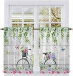 Spring Kitchen Curtains, Bicycles Botanical Rose Leaves Butterfly Wood Grain Light Filtering Window Curtain Panels, 2Pcs Rod Pocket Window Treatments Set for Cabin Bathroom Bedroom 52x45 Inches