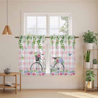 Spring Kitchen Curtains, Bicycles Leaves Butterfly Flowers Pink Buffalo Plaid Light Filtering Window Curtain Panels, 2Pcs Rod Pocket Window Treatments Set for Cabin Bathroom Bedroom 52x45 Inches