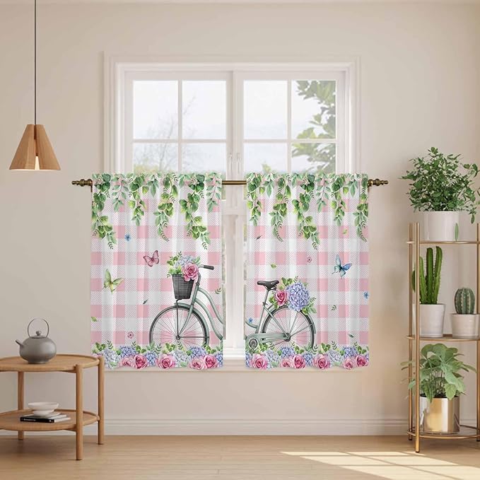 Spring Kitchen Curtains, Bicycles Leaves Butterfly Flowers Pink Buffalo Plaid Light Filtering Window Curtain Panels, 2Pcs Rod Pocket Window Treatments Set for RV Dining Room Study Room 42x45 Inches