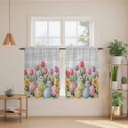 Easter Kitchen Curtains 54 Inch Long 2 Panel Set, Rod Pocket Window Curtains Panels, Retro Spring Bunny Eggs Tulip Farm Wooden Grain Light Filtering Drapery Draperies for Bathroom Bedroom 52"W x 54"L