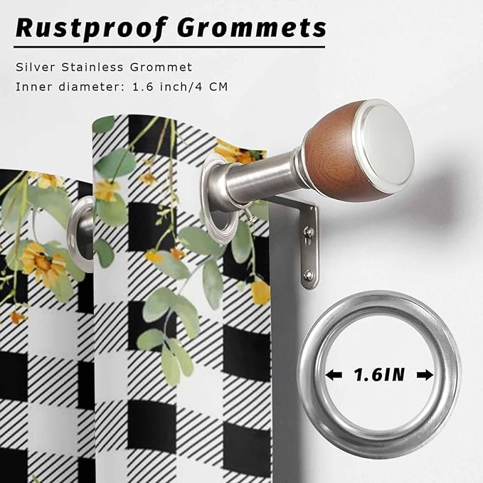 Sunflowers Outdoor Curtains for Patio Summer Floral Eucalyptus Leaf Buffalo Check Waterproof Outside Curtains with Grommet Top Weatherproof Curtain for Cabana Pergola Gazebo, 1 Panel, 54" W x 108" L