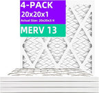20x20x1 MERV 13 (4-Pack) Pleated Air Filter (Actual Size: 19.75"x19.75"x0.75") MPR 1900 & FPR 10, Furnace Air Filters, 20x20x1 air filter